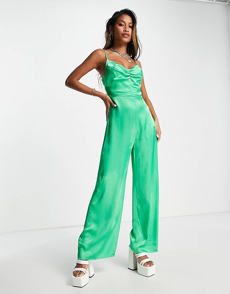 Bershka ruched detail satin jumpsuit in bright green